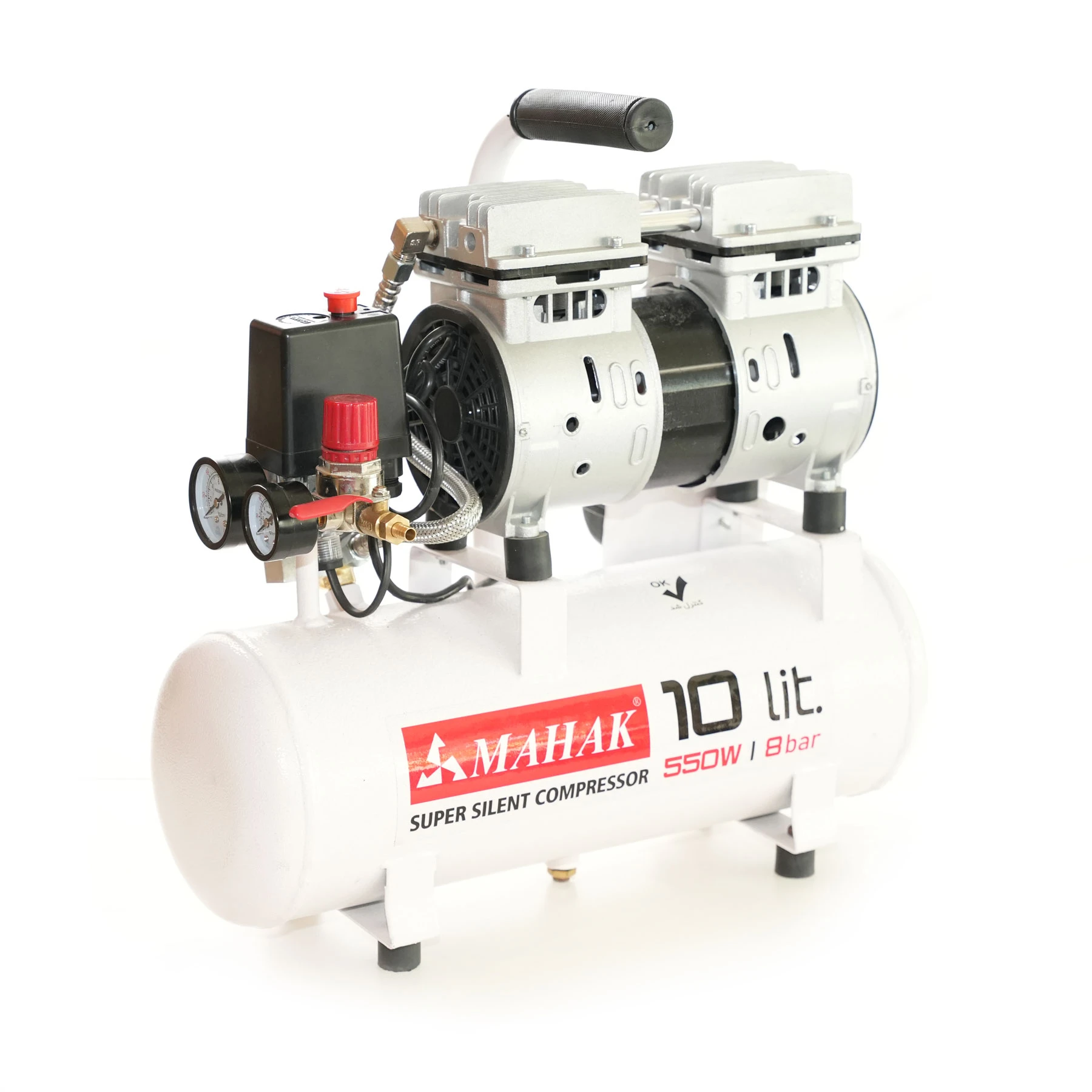 کمپرسور 10 لیتری بیصدا بدون روغن محک مجهز به شیر برقی HSU550-10L